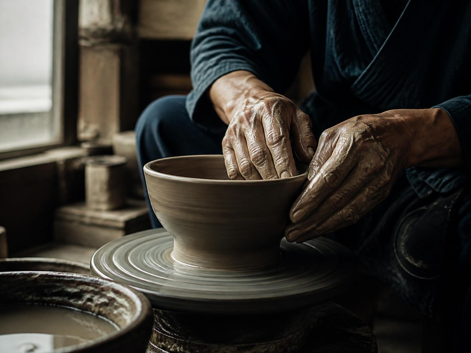Mains d'artisan japonais façonnant une poterie
